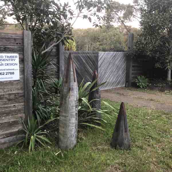 Recycled timber gate fence and wharf spikes